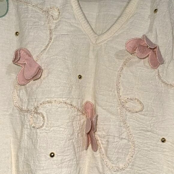 Amy Jess Womens Large Cream Floral Applique V-Neck Pullover Top With 3/4 Sleeves - Picture 5 of 10